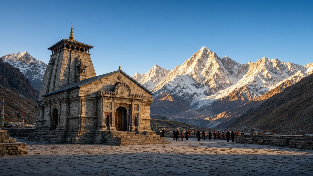 Hindu Himalayan temple against snow-capped mountains